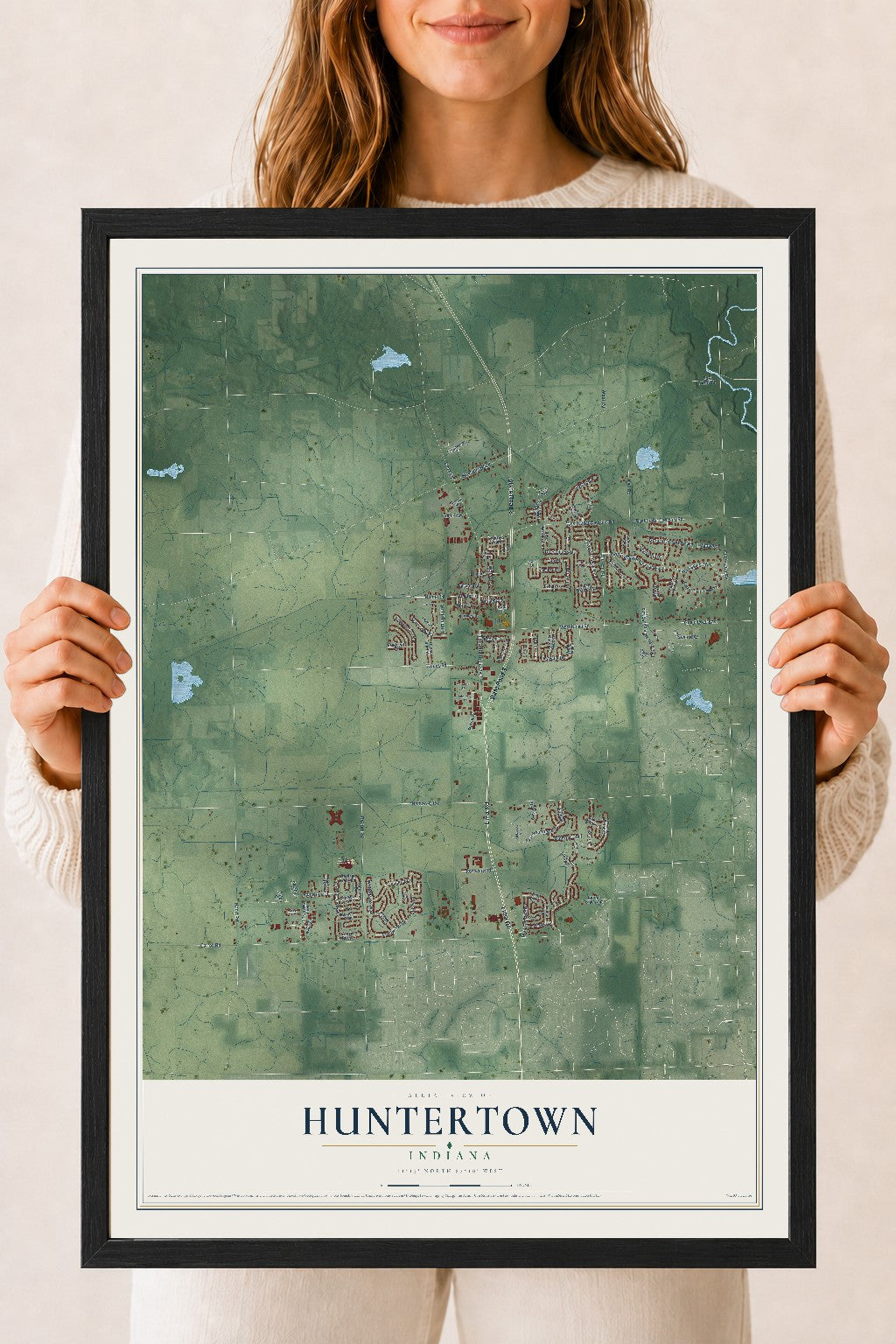Map of Huntertown, Indiana, 18 x 24 inch print in a black wood frame