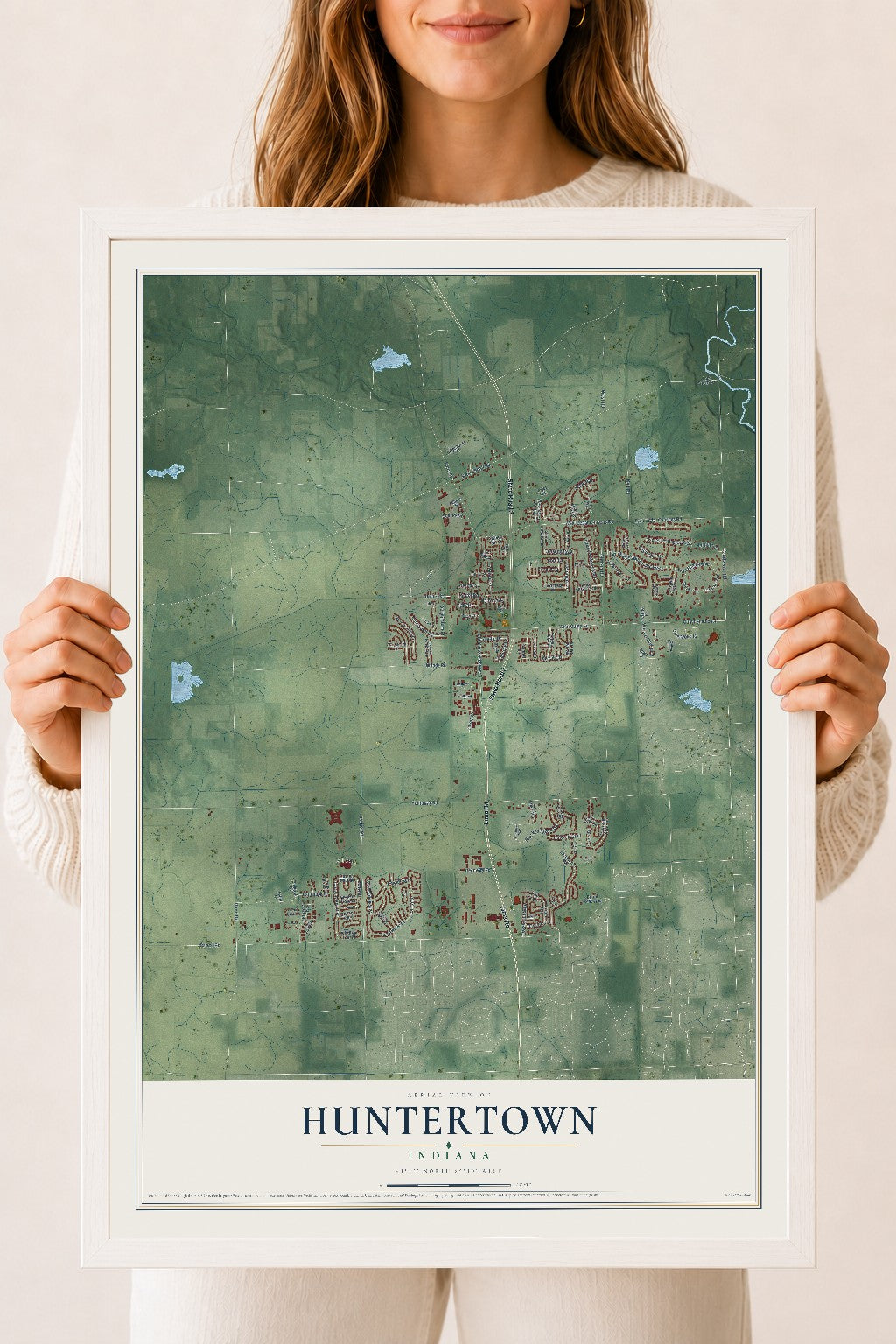 Map of Huntertown, Indiana, 18 x 24 inch print in a white wood frame
