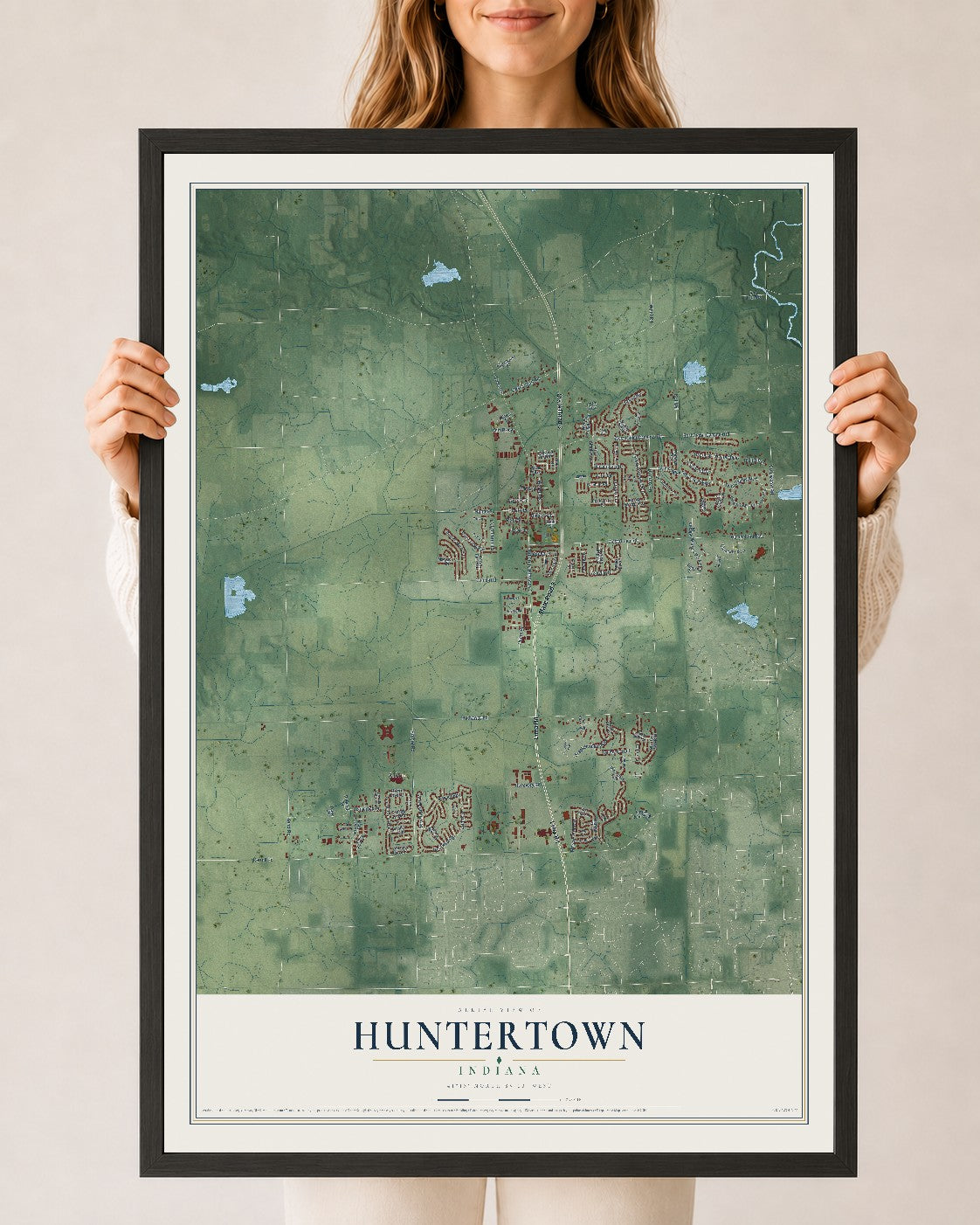 Map of Huntertown, Indiana, 24 x 36 inch print in a black wood frame