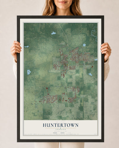 Map of Huntertown, Indiana, 24 x 36 inch print in a black wood frame