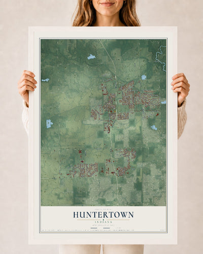 Map of Huntertown, Indiana, 24 x 36 inch print in a white wood frame