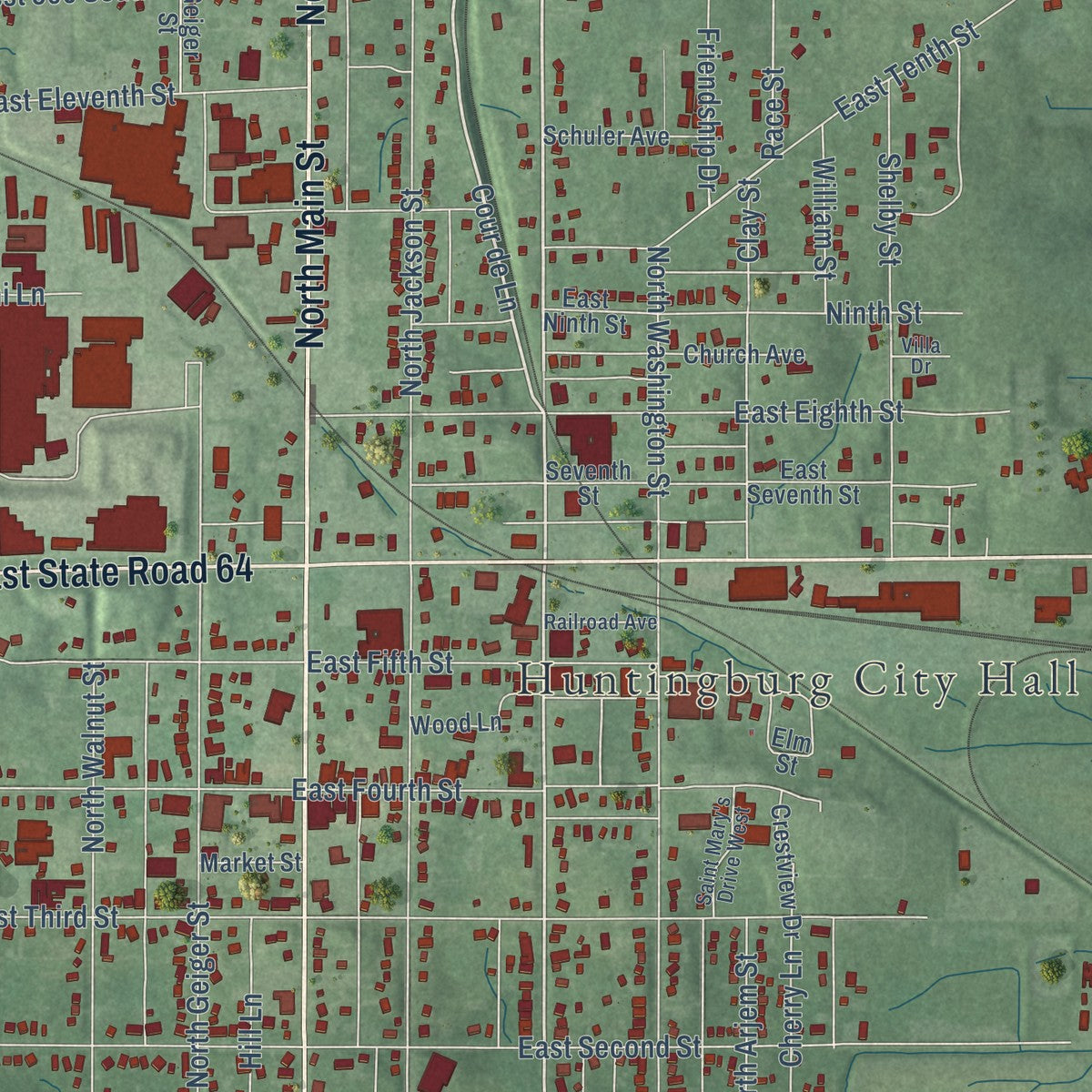 Close-up of the map of Huntingburg, Indiana print showing street and building detail