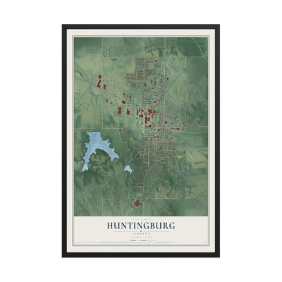 Map of Huntingburg, Indiana, 12 x 18 inch print in a black wood frame