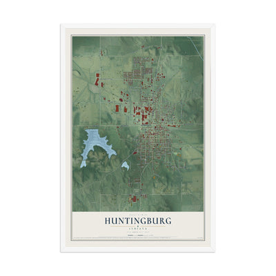 Map of Huntingburg, Indiana, 12 x 18 inch print in a white wood frame