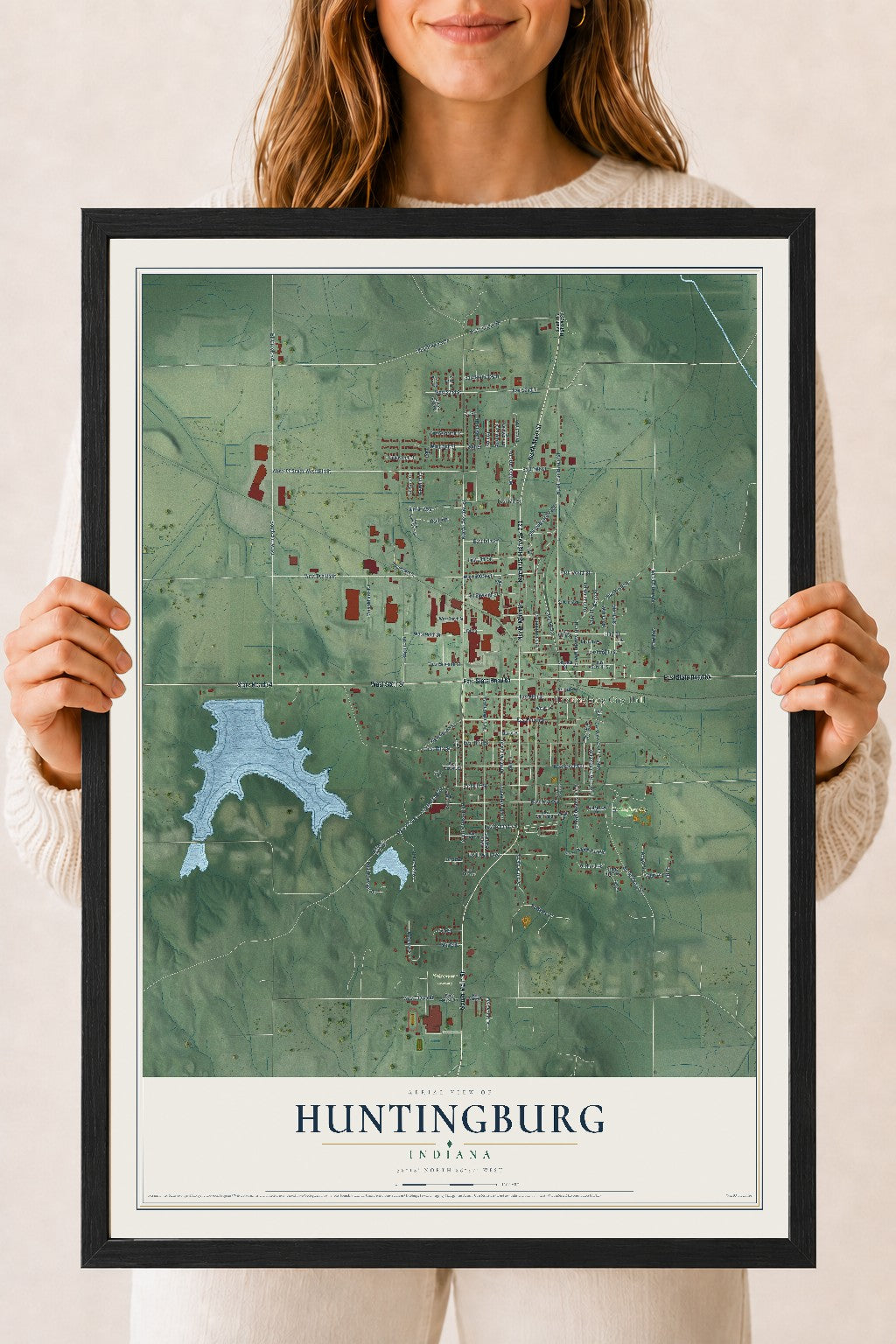 Map of Huntingburg, Indiana, 18 x 24 inch print in a black wood frame