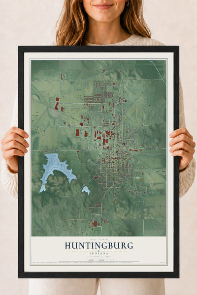 Map of Huntingburg, Indiana, 18 x 24 inch print in a black wood frame