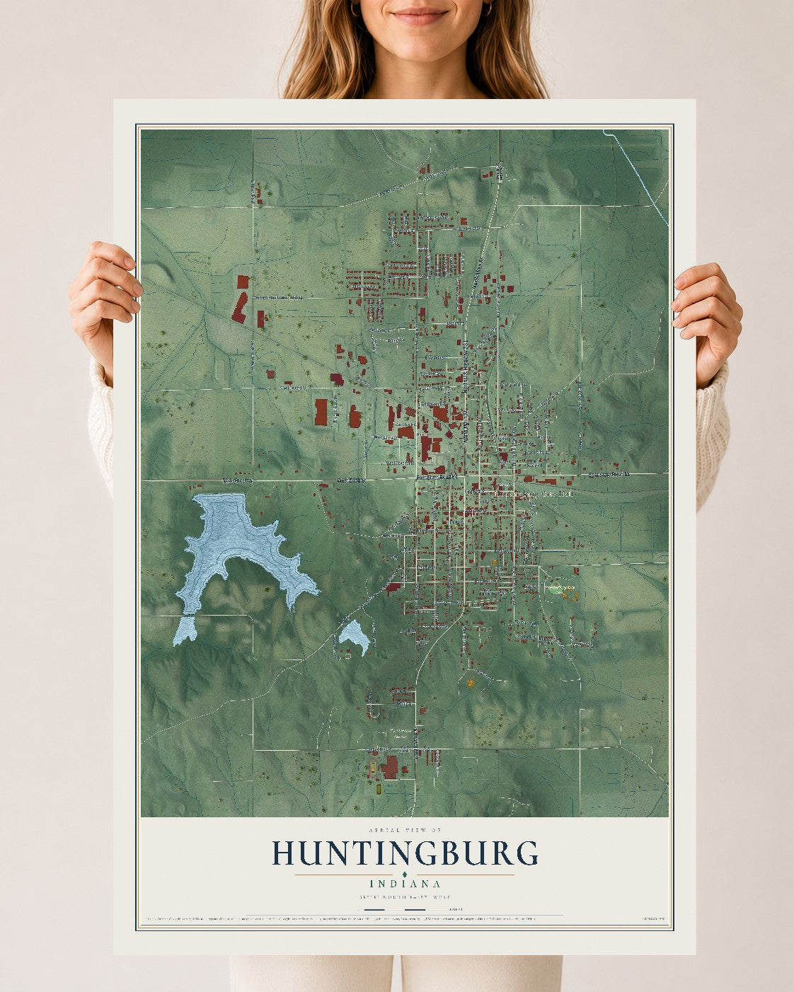 Map of Huntingburg, Indiana, 24 x 36 inch unframed archival matte print