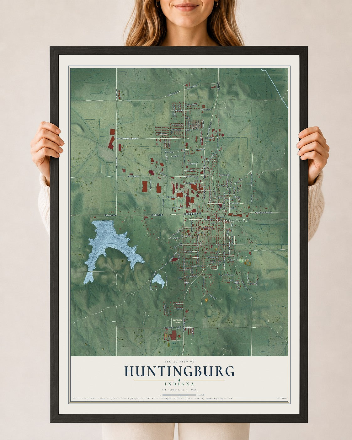 Map of Huntingburg, Indiana, 24 x 36 inch print in a black wood frame