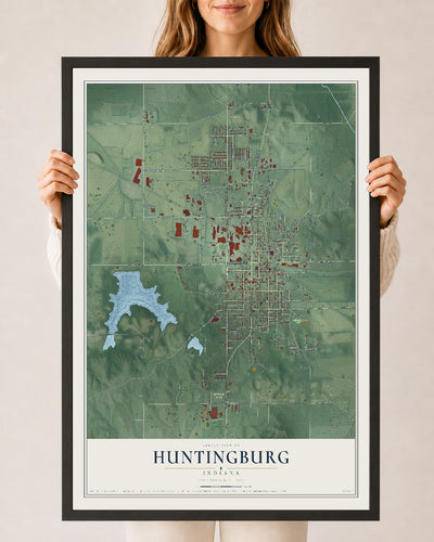 Map of Huntingburg, Indiana, 24 x 36 inch print in a black wood frame