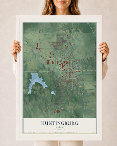 Map of Huntingburg, Indiana, 24 x 36 inch print in a white wood frame