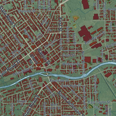 Close-up of the map of Huntington, Indiana print showing street and building detail