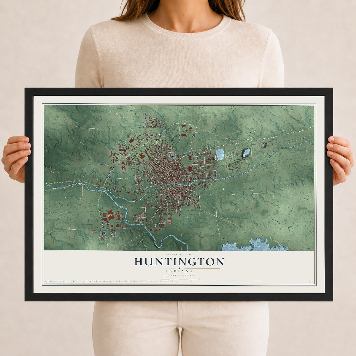 Map of Huntington, Indiana, 12 x 18 inch print in a black wood frame