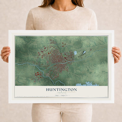 Map of Huntington, Indiana, 12 x 18 inch print in a white wood frame