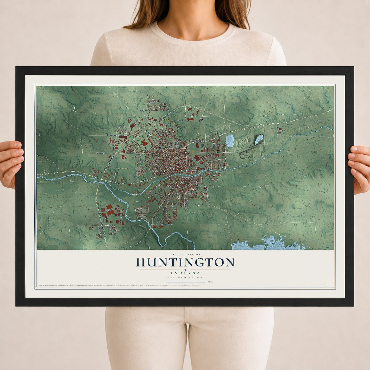 Map of Huntington, Indiana, 18 x 24 inch print in a black wood frame