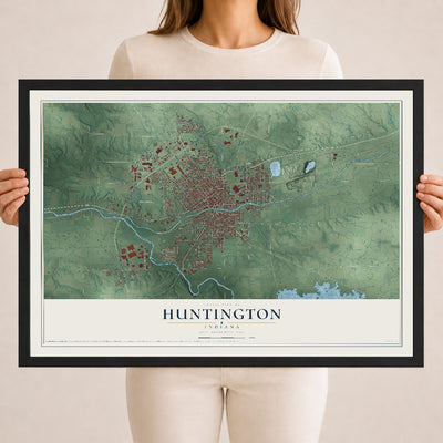 Map of Huntington, Indiana, 18 x 24 inch print in a black wood frame