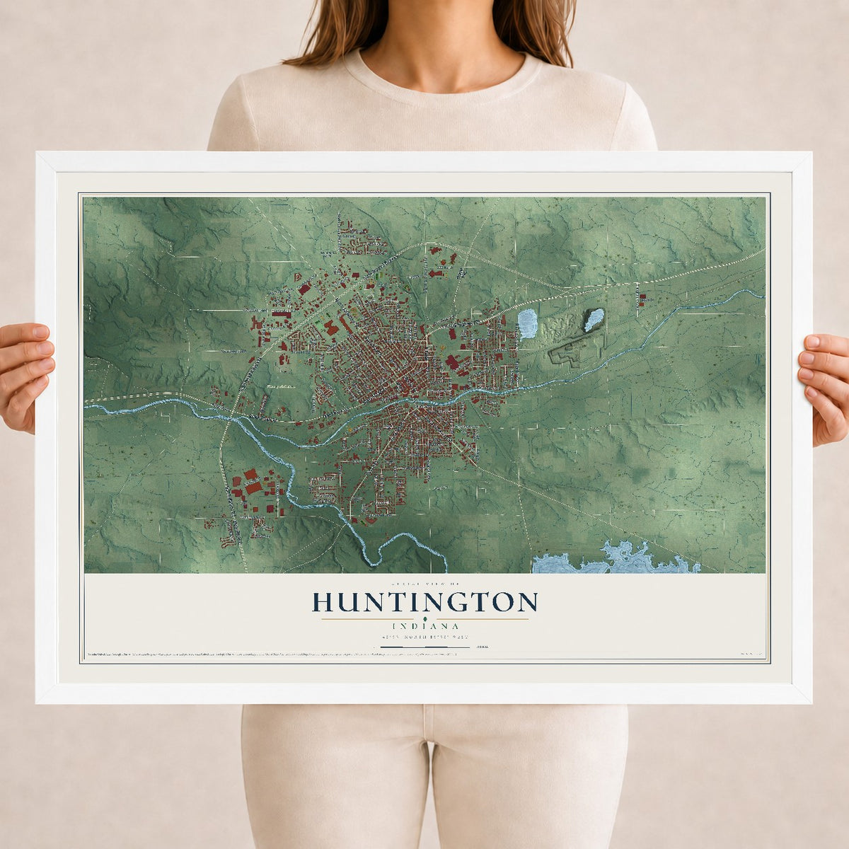 Map of Huntington, Indiana, 18 x 24 inch print in a white wood frame