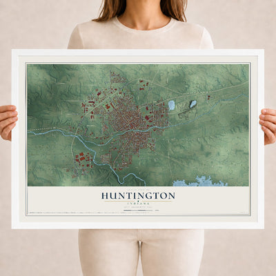 Map of Huntington, Indiana, 18 x 24 inch print in a white wood frame