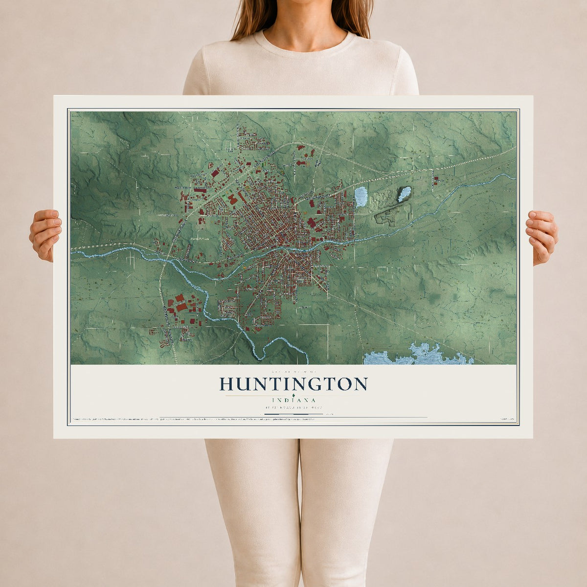 Map of Huntington, Indiana, 24 x 36 inch unframed archival matte print
