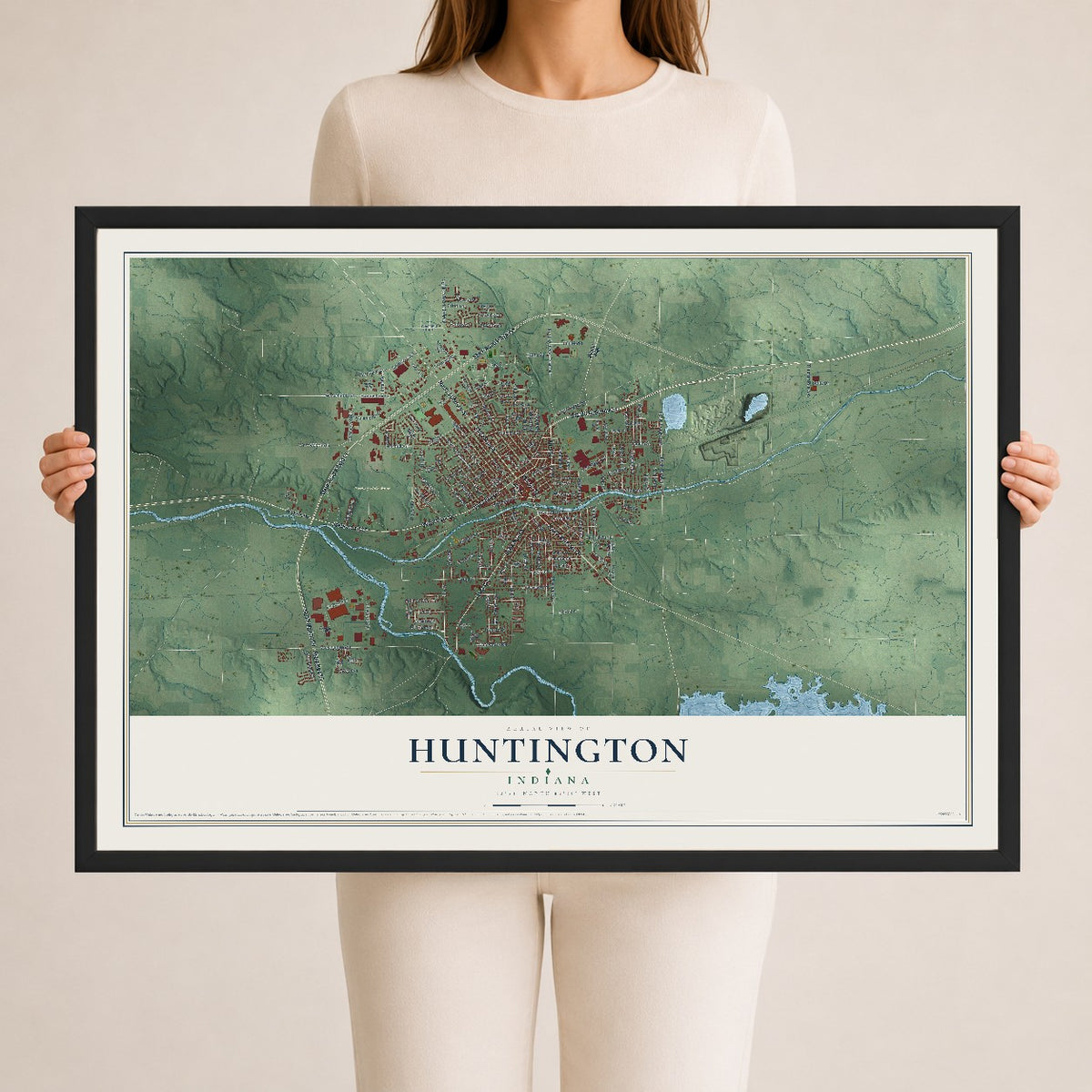 Map of Huntington, Indiana, 24 x 36 inch print in a black wood frame