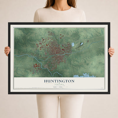 Map of Huntington, Indiana, 24 x 36 inch print in a black wood frame
