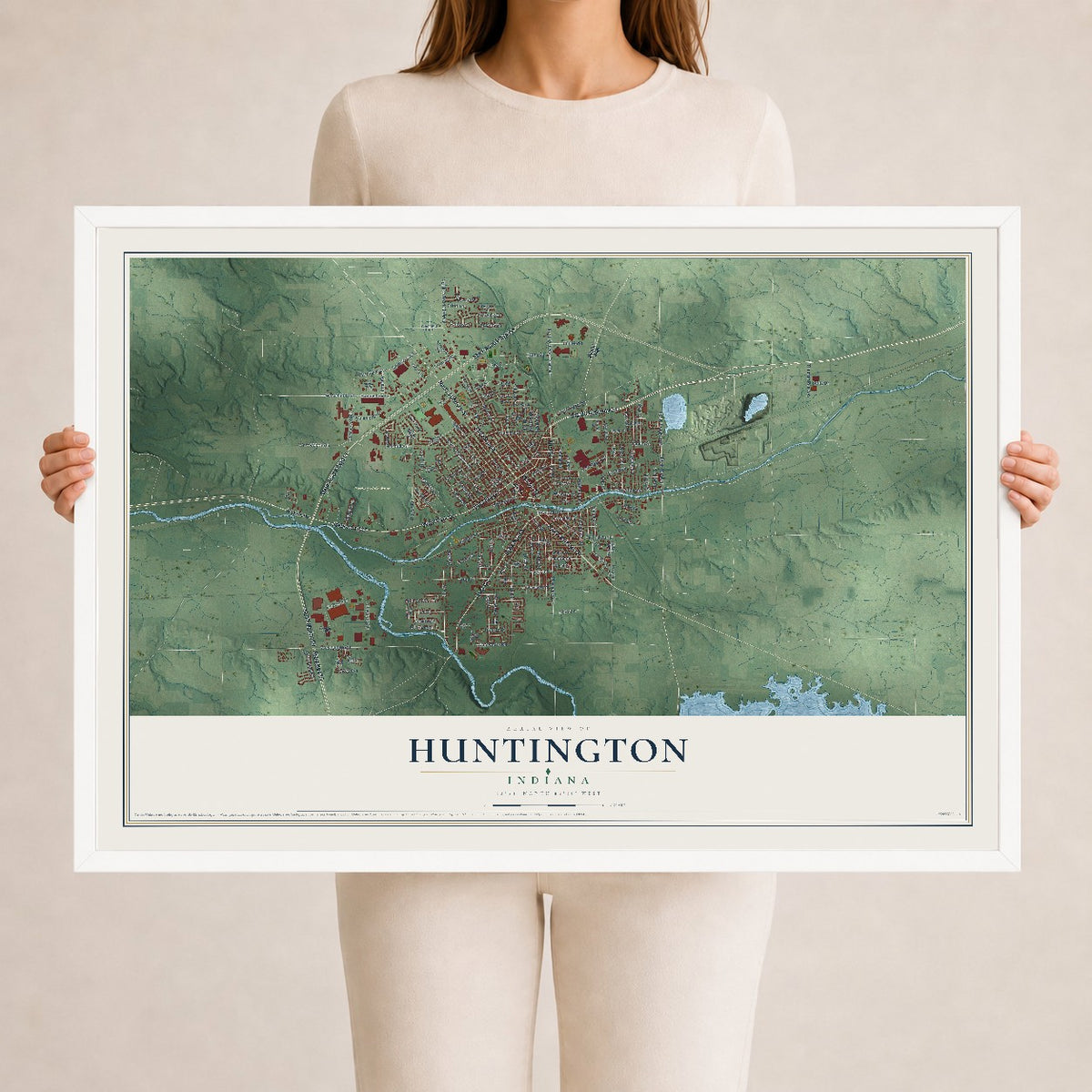 Map of Huntington, Indiana, 24 x 36 inch print in a white wood frame