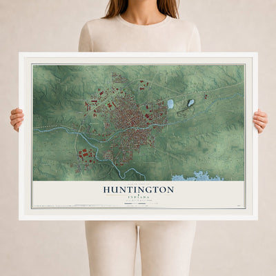 Map of Huntington, Indiana, 24 x 36 inch print in a white wood frame