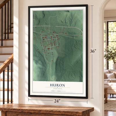 Huron, Indiana map, 24 x 36 inch print in a black frame by a staircase