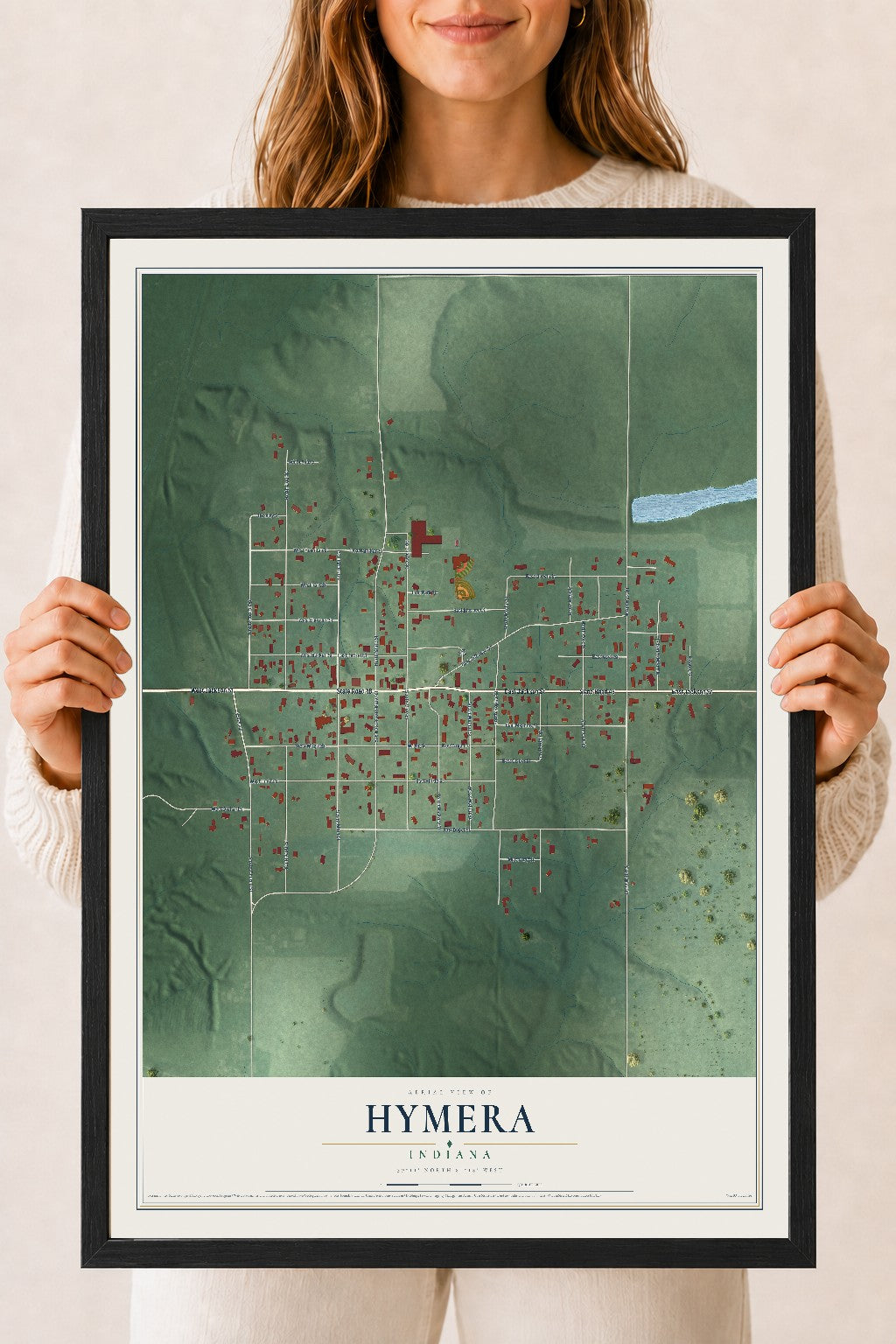 Map of Hymera, Indiana, 18 x 24 inch print in a black wood frame