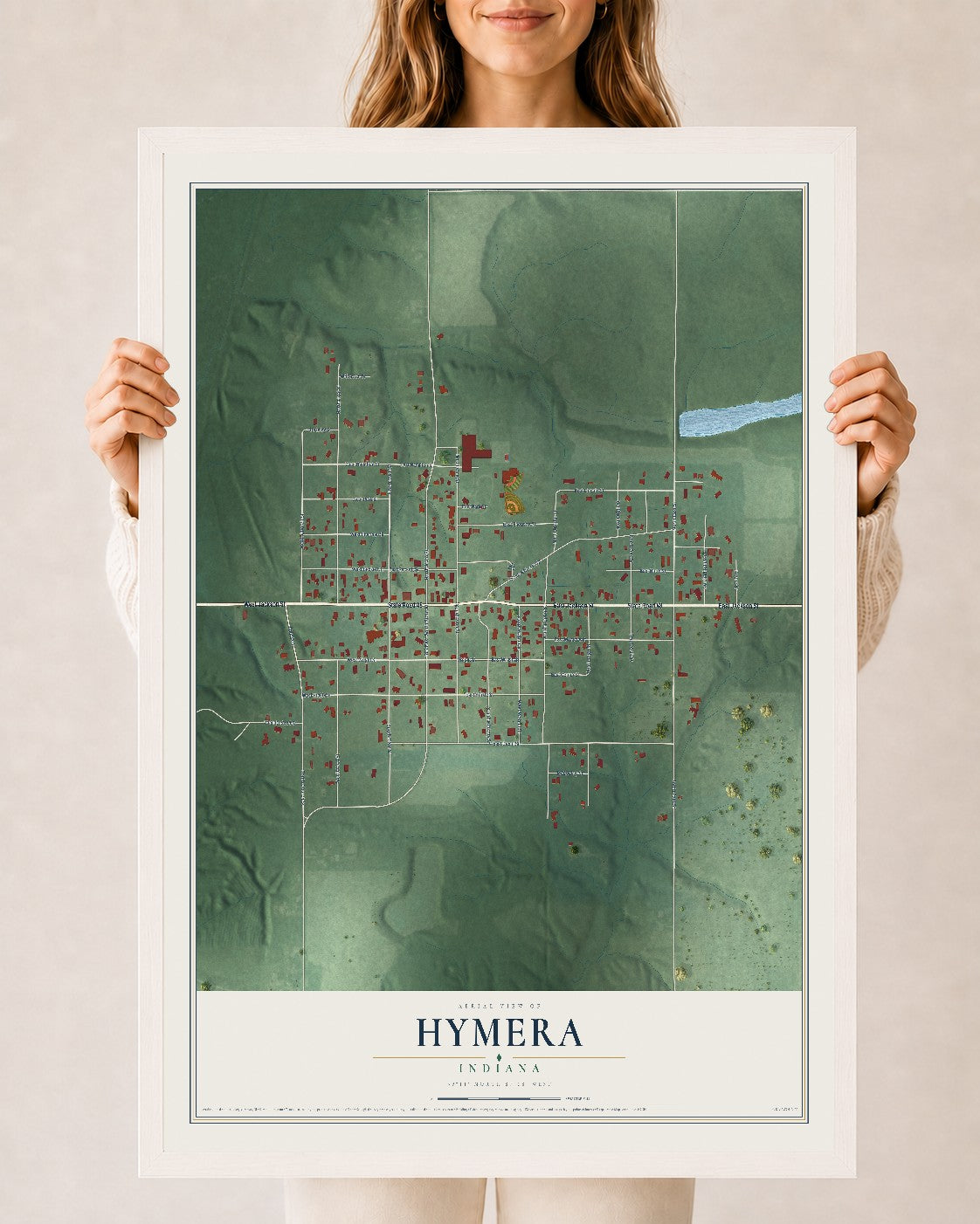 Map of Hymera, Indiana, 24 x 36 inch print in a white wood frame