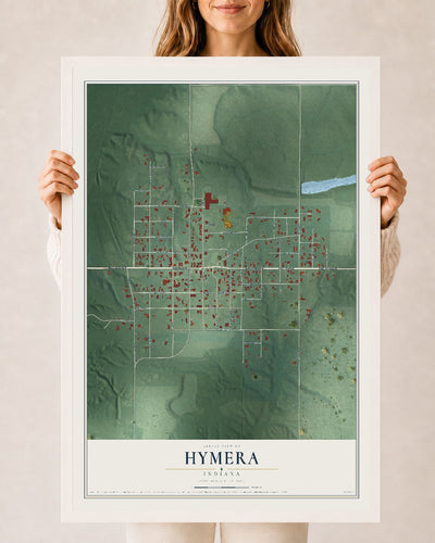 Map of Hymera, Indiana, 24 x 36 inch print in a white wood frame