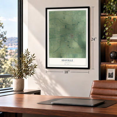 Idaville, Indiana map, 18 x 24 inch print in a black frame in a home office
