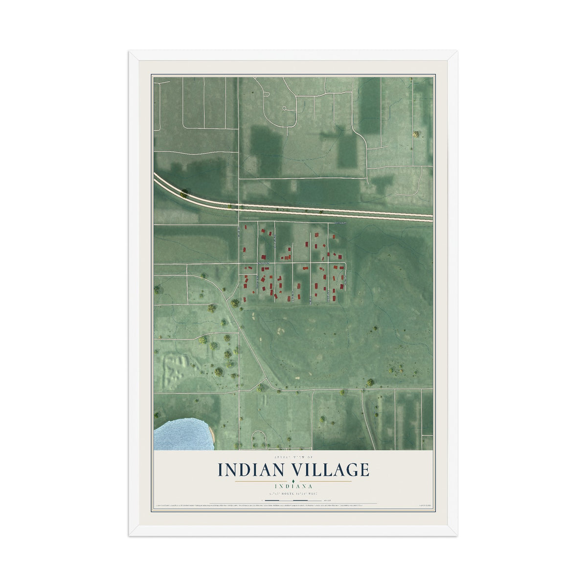 Map of Indian Village, Indiana, 12 x 18 inch print in a white wood frame