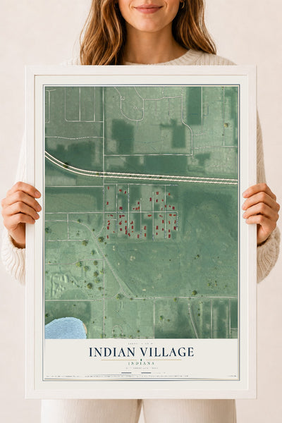Map of Indian Village, Indiana, 18 x 24 inch print in a white wood frame
