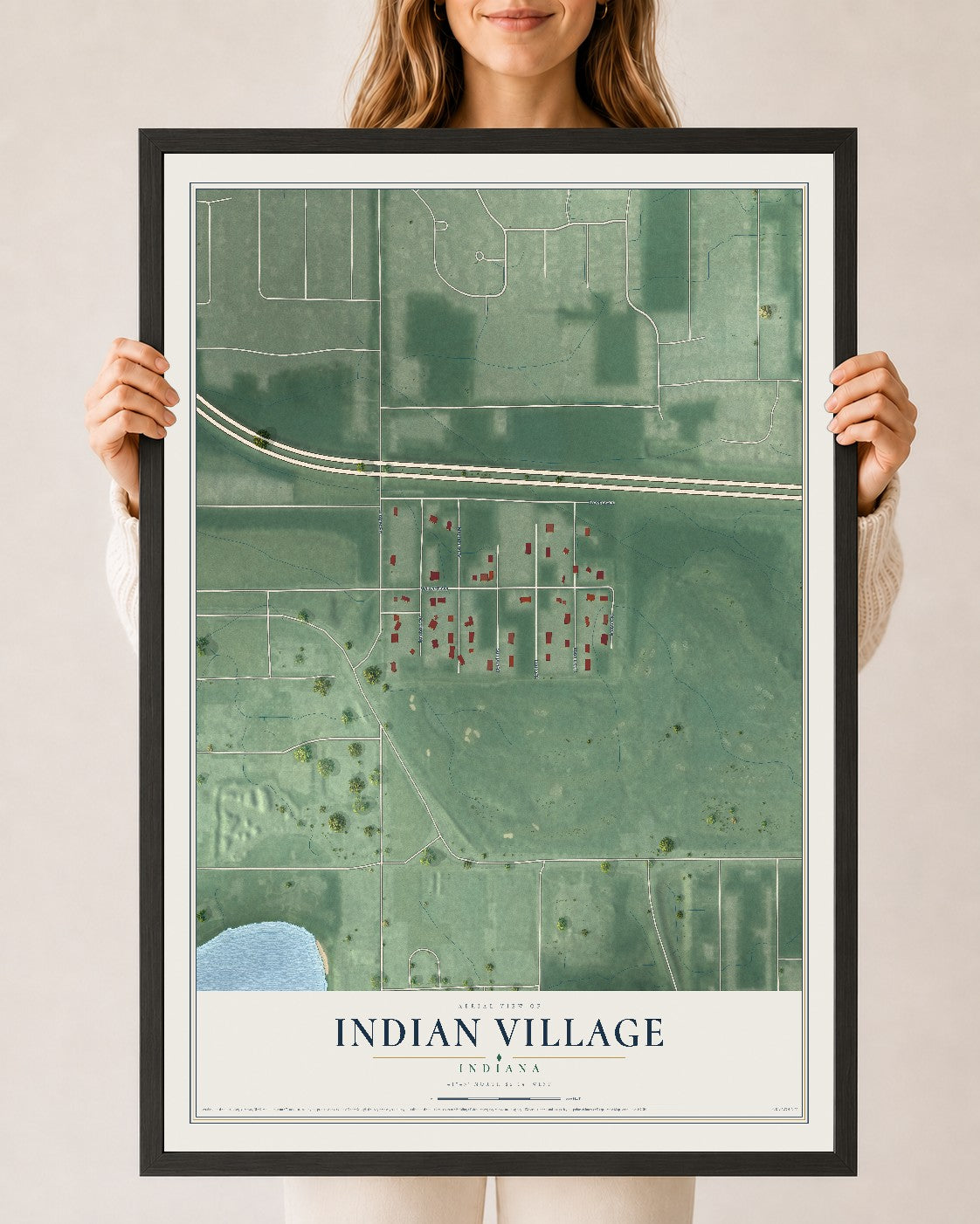 Map of Indian Village, Indiana, 24 x 36 inch print in a black wood frame