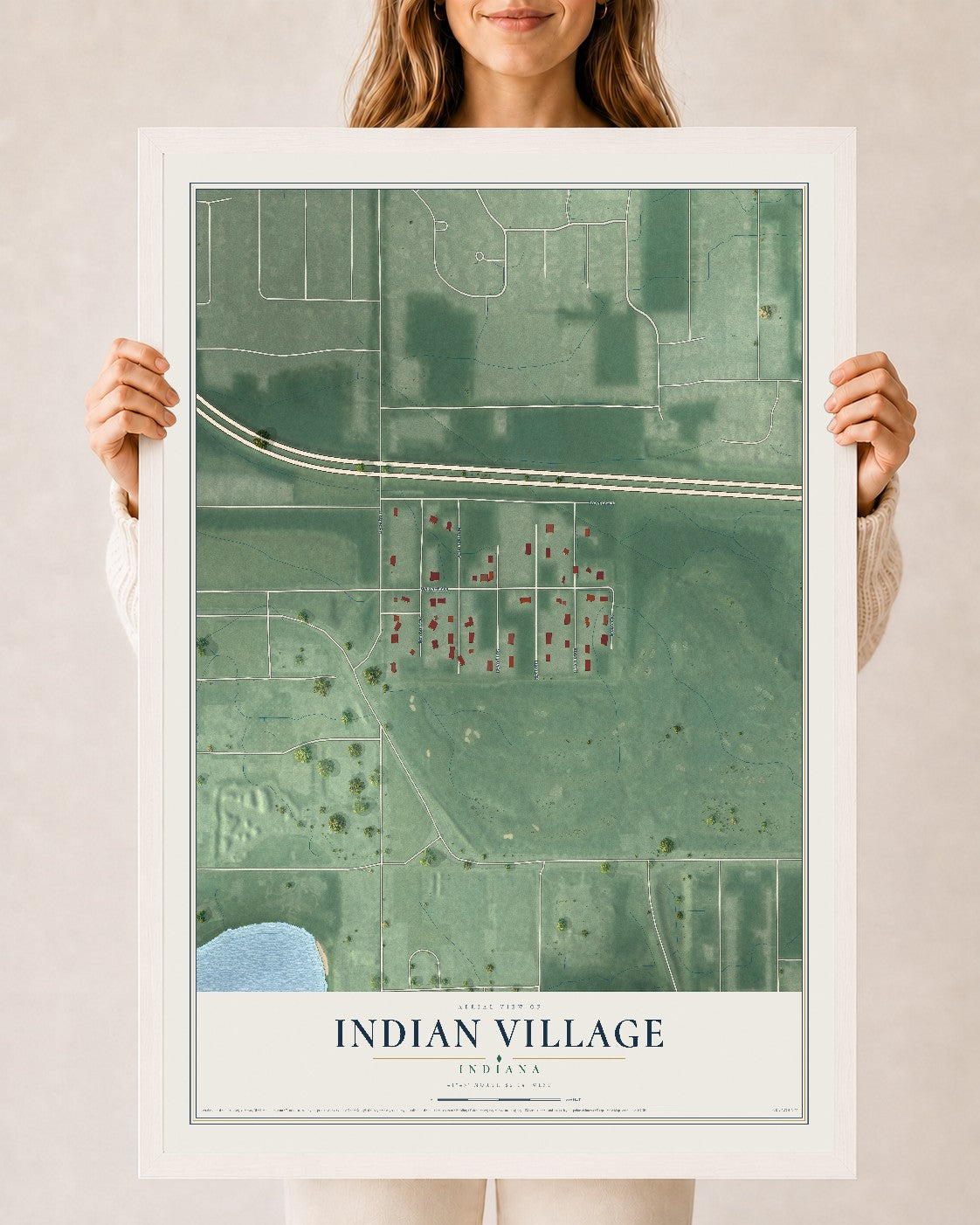 Map of Indian Village, Indiana, 24 x 36 inch print in a white wood frame