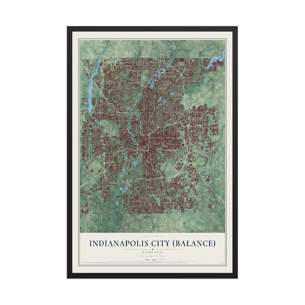 Map of Indianapolis city (balance), Indiana, 12 x 18 inch print in a black wood frame