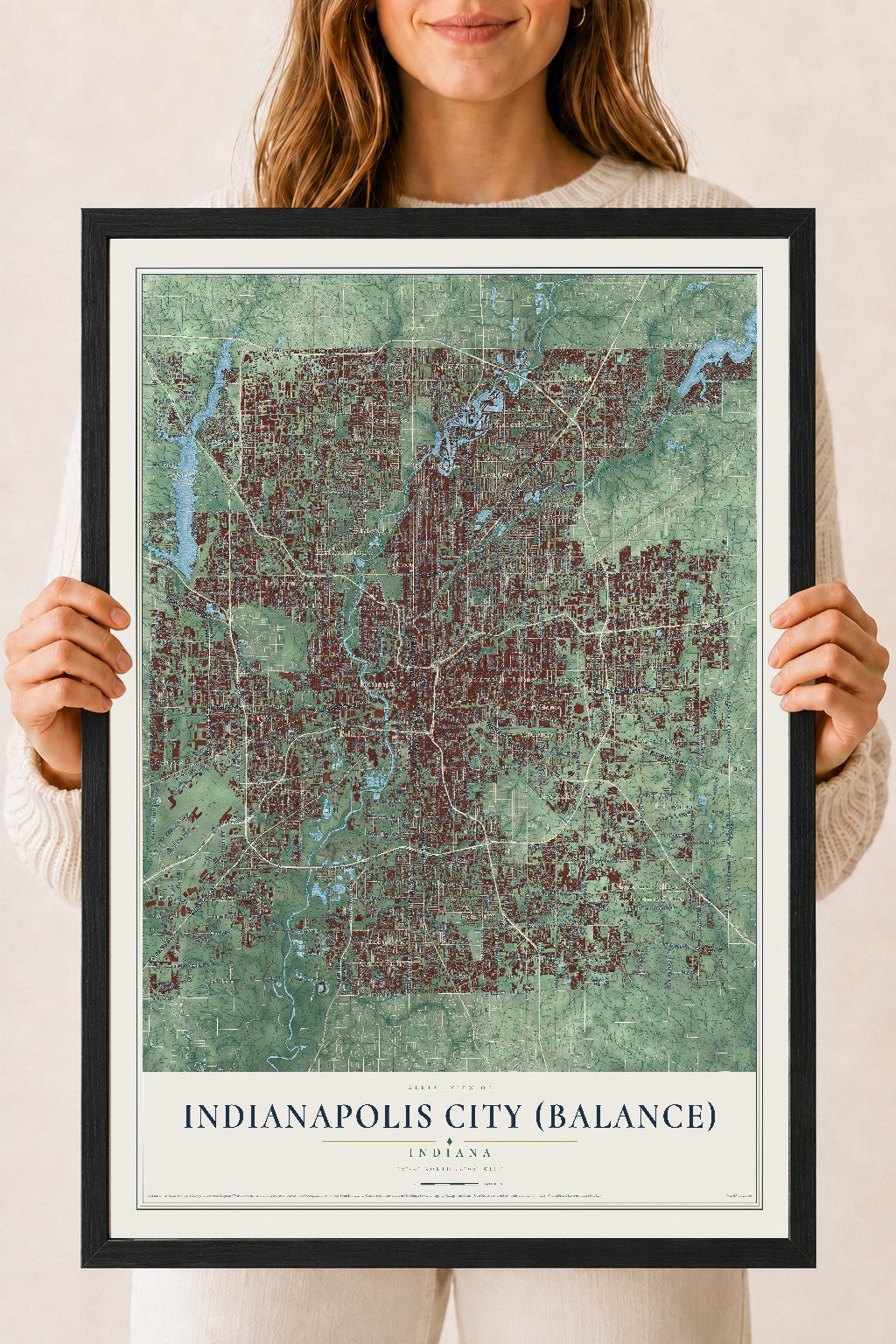 Map of Indianapolis city (balance), Indiana, 18 x 24 inch print in a black wood frame