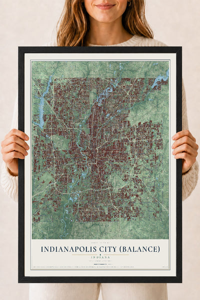 Map of Indianapolis city (balance), Indiana, 18 x 24 inch print in a black wood frame