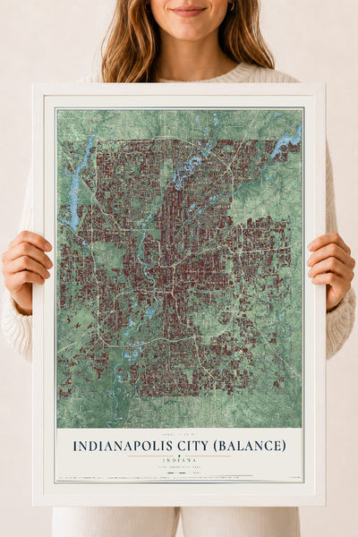 Map of Indianapolis city (balance), Indiana, 18 x 24 inch print in a white wood frame