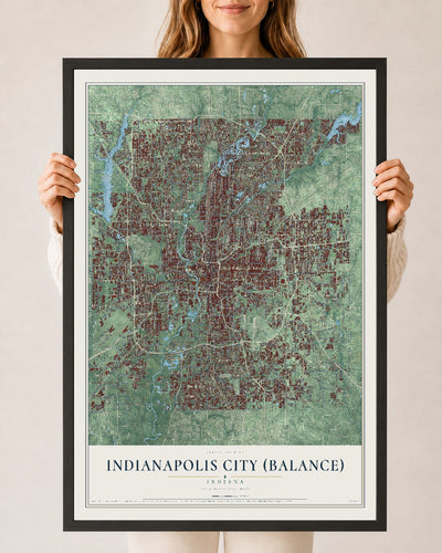 Map of Indianapolis city (balance), Indiana, 24 x 36 inch print in a black wood frame
