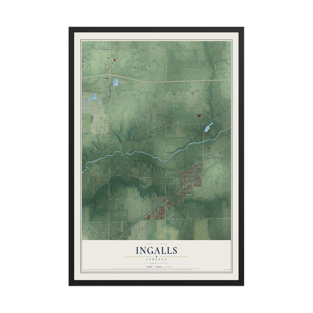 Map of Ingalls, Indiana, 12 x 18 inch print in a black wood frame