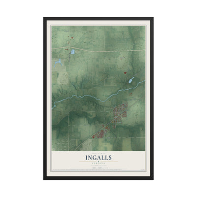Map of Ingalls, Indiana, 12 x 18 inch print in a black wood frame
