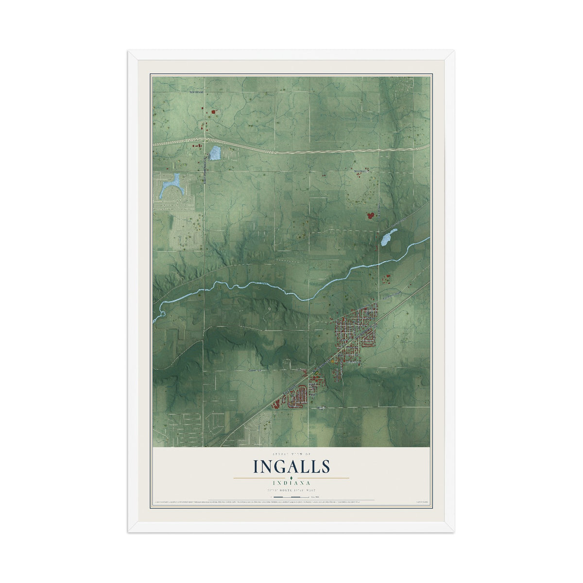 Map of Ingalls, Indiana, 12 x 18 inch print in a white wood frame