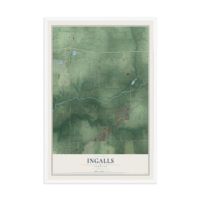 Map of Ingalls, Indiana, 12 x 18 inch print in a white wood frame