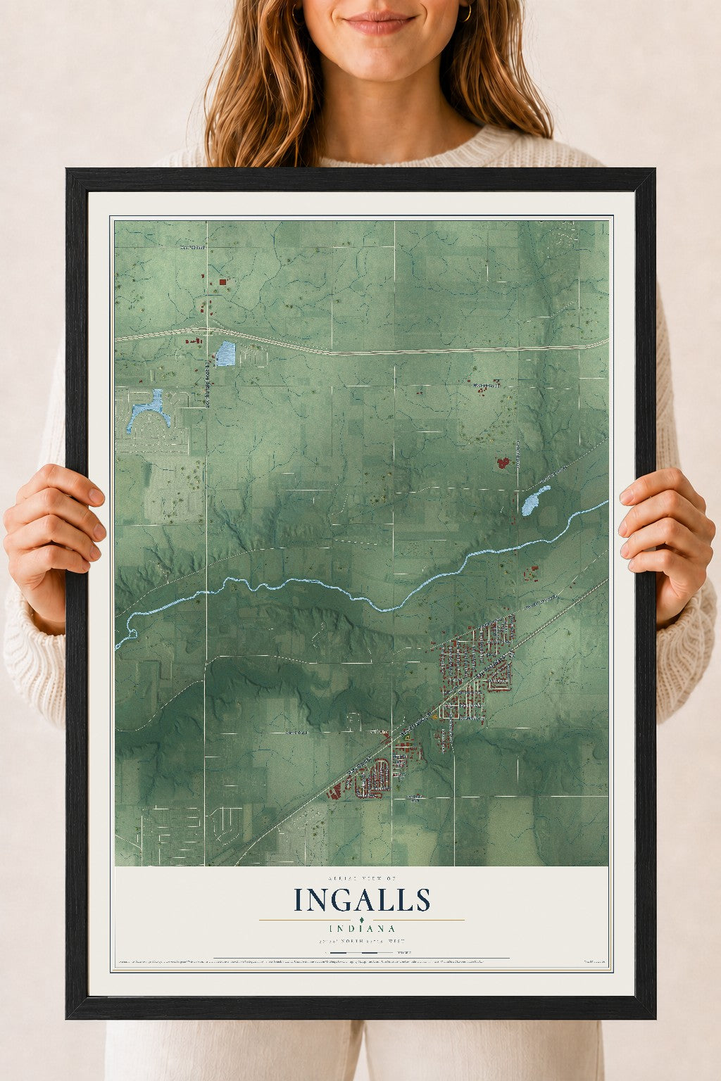 Map of Ingalls, Indiana, 18 x 24 inch print in a black wood frame