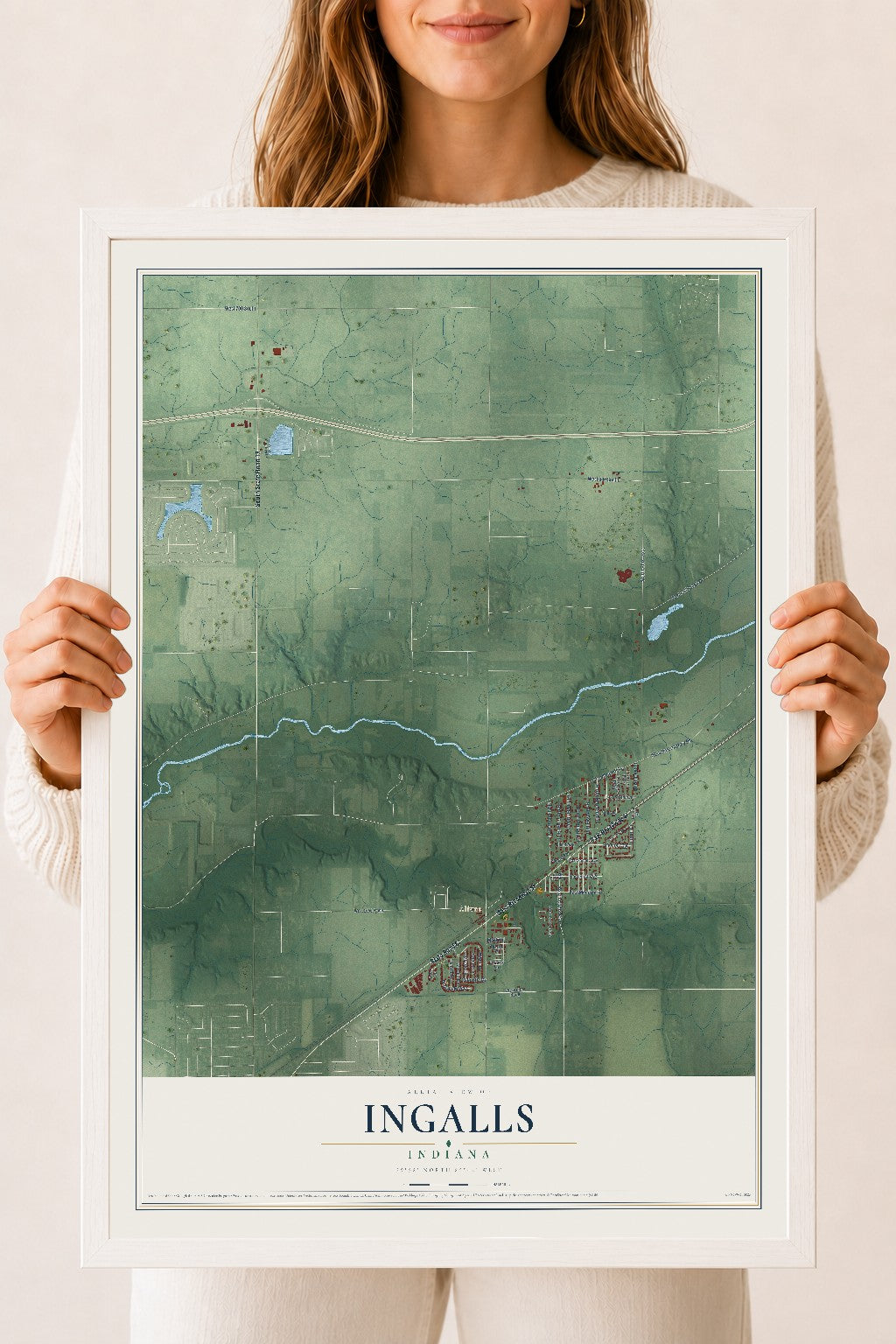 Map of Ingalls, Indiana, 18 x 24 inch print in a white wood frame