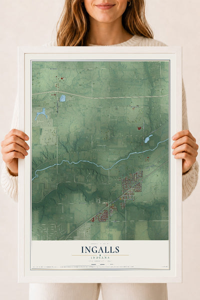 Map of Ingalls, Indiana, 18 x 24 inch print in a white wood frame