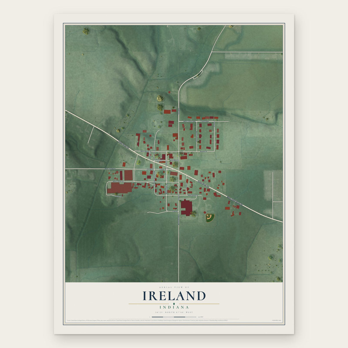 Ireland, Indiana map print, the full design