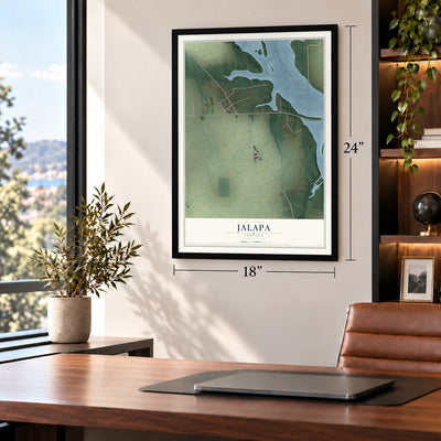 Jalapa, Indiana map, 18 x 24 inch print in a black frame in a home office