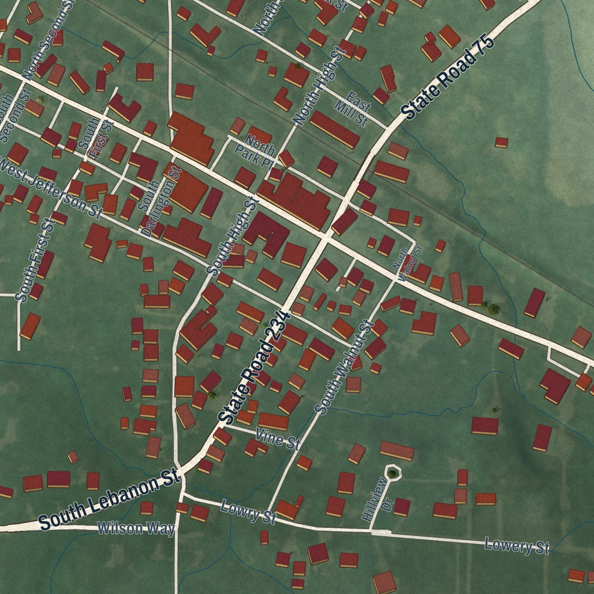 Close-up of the map of Jamestown, Indiana print showing street and building detail